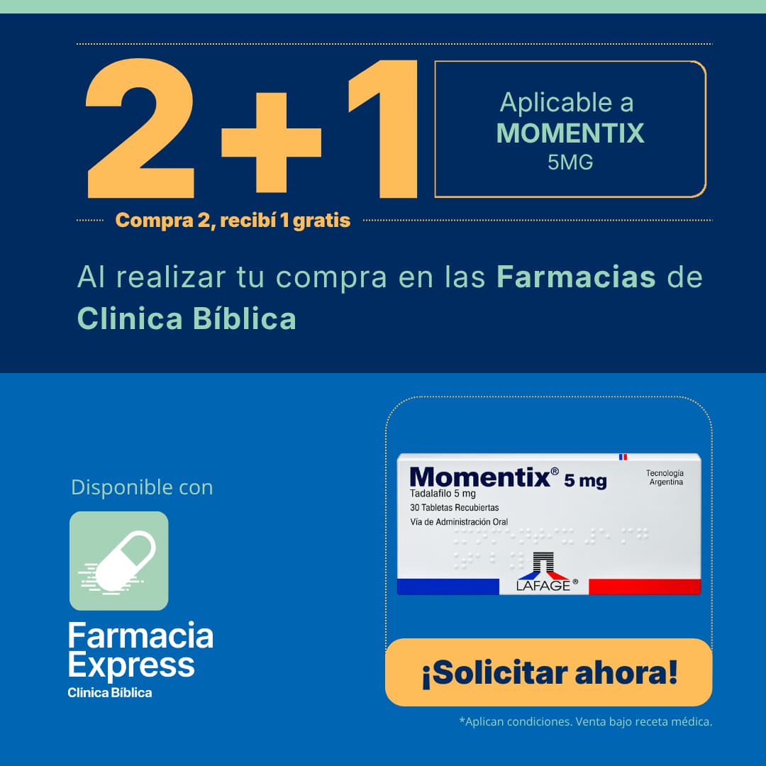 Imagen promocional con oferta 2+1 en Momentix de 5 mg (tadalafilo) en Farmacias de Clínica Bíblica y Farmacia Express, mostrando la caja del medicamento de laboratorio Lafage.