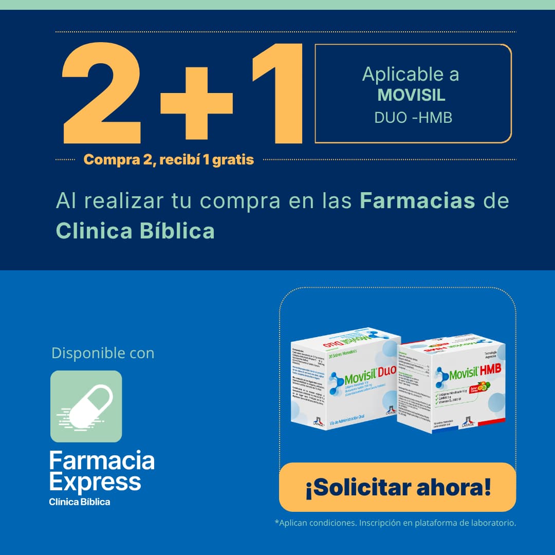 Imagen promocional con oferta 2+1 en Movisil Duo y Movisil HMB en Farmacias de Clínica Bíblica y Farmacia Express, mostrando las cajas del suplemento de laboratorio Lafage.