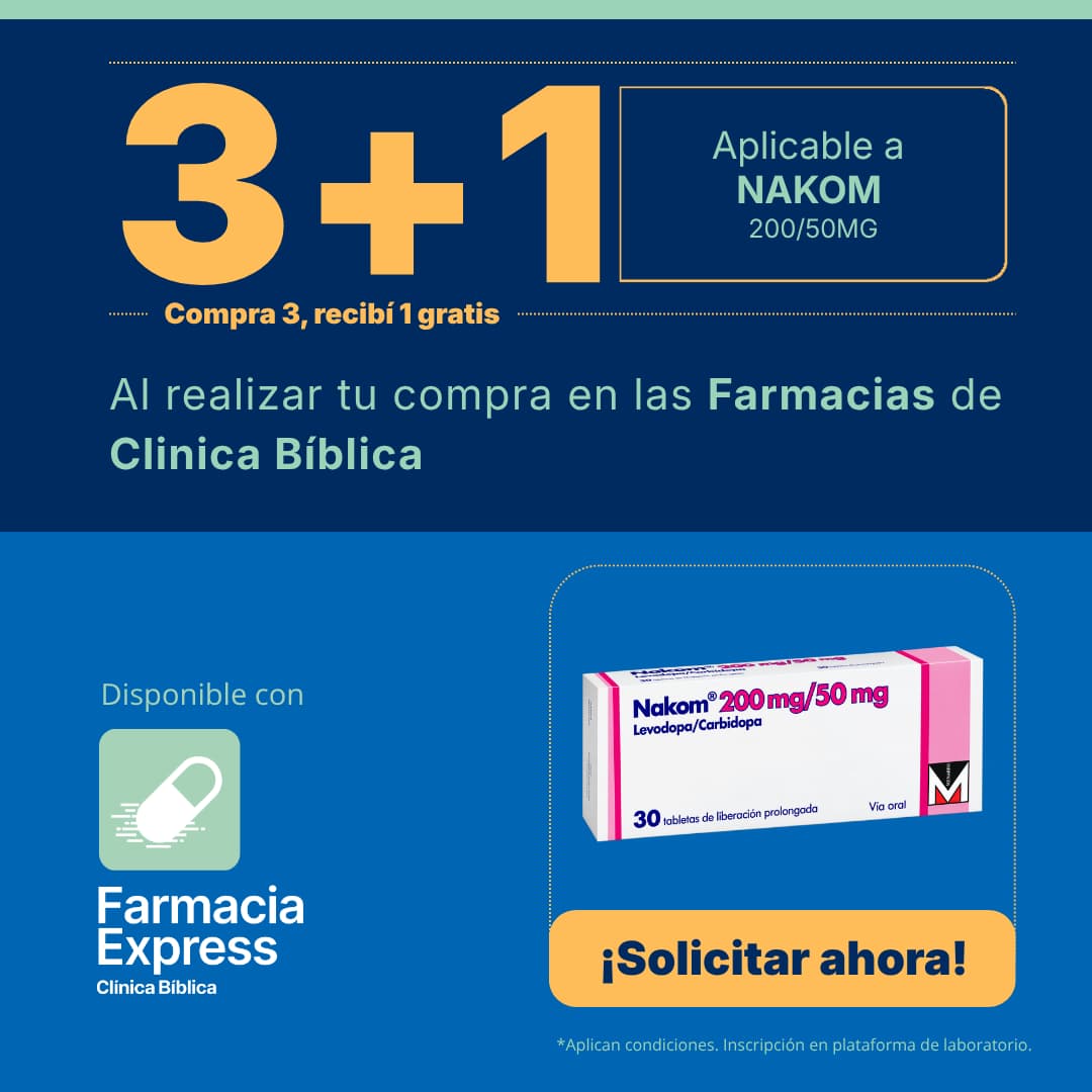Imagen promocional con oferta 3+1 en Nakom 200/50 mg (levodopa/carbidopa) en Farmacias de Clínica Bíblica y Farmacia Express, mostrando la caja de 30 tabletas de liberación prolongada del medicamento.