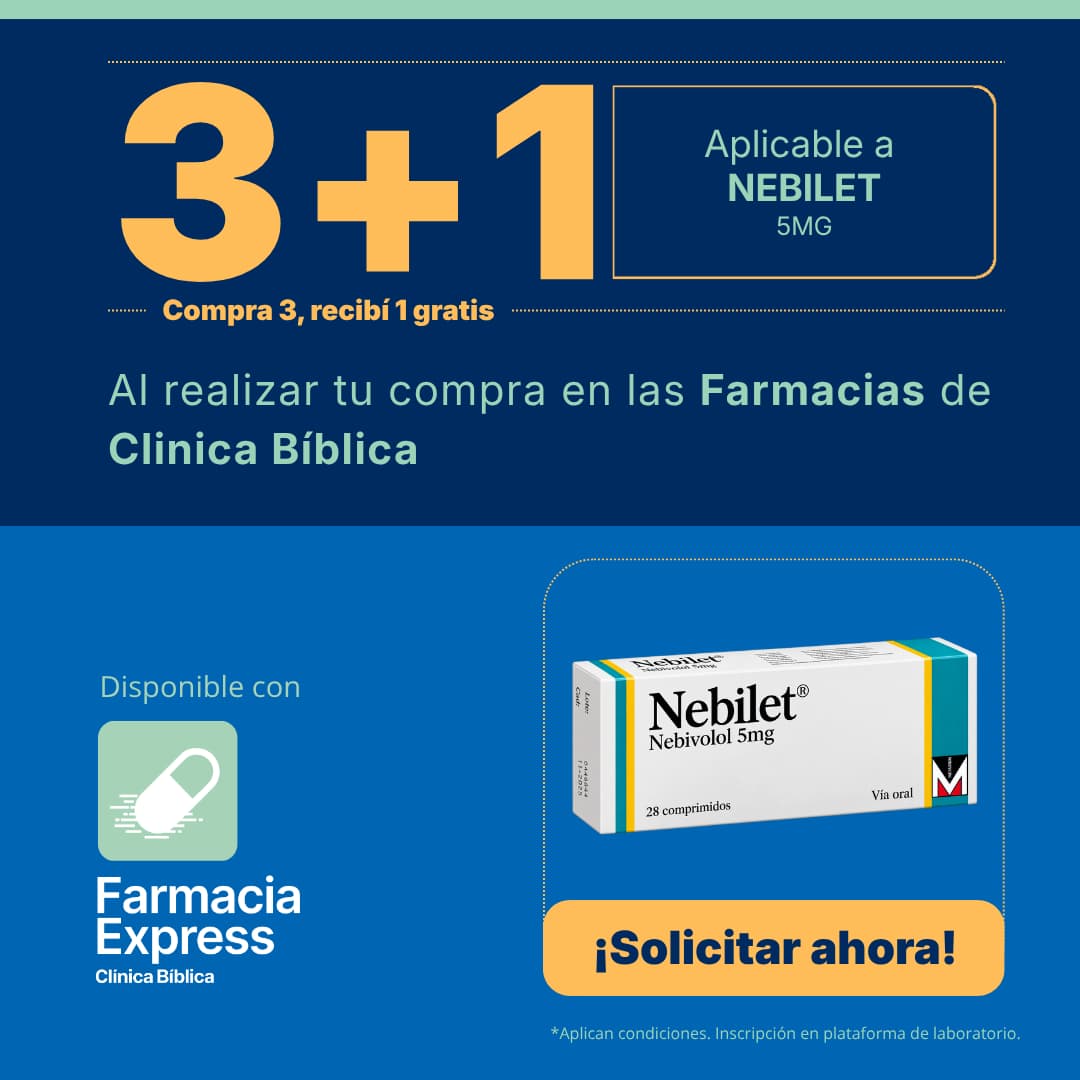 Imagen promocional con oferta 3+1 en Nebilet de 5 mg (nebivolol) en Farmacias de Clínica Bíblica y Farmacia Express, mostrando la caja de 28 comprimidos del medicamento.