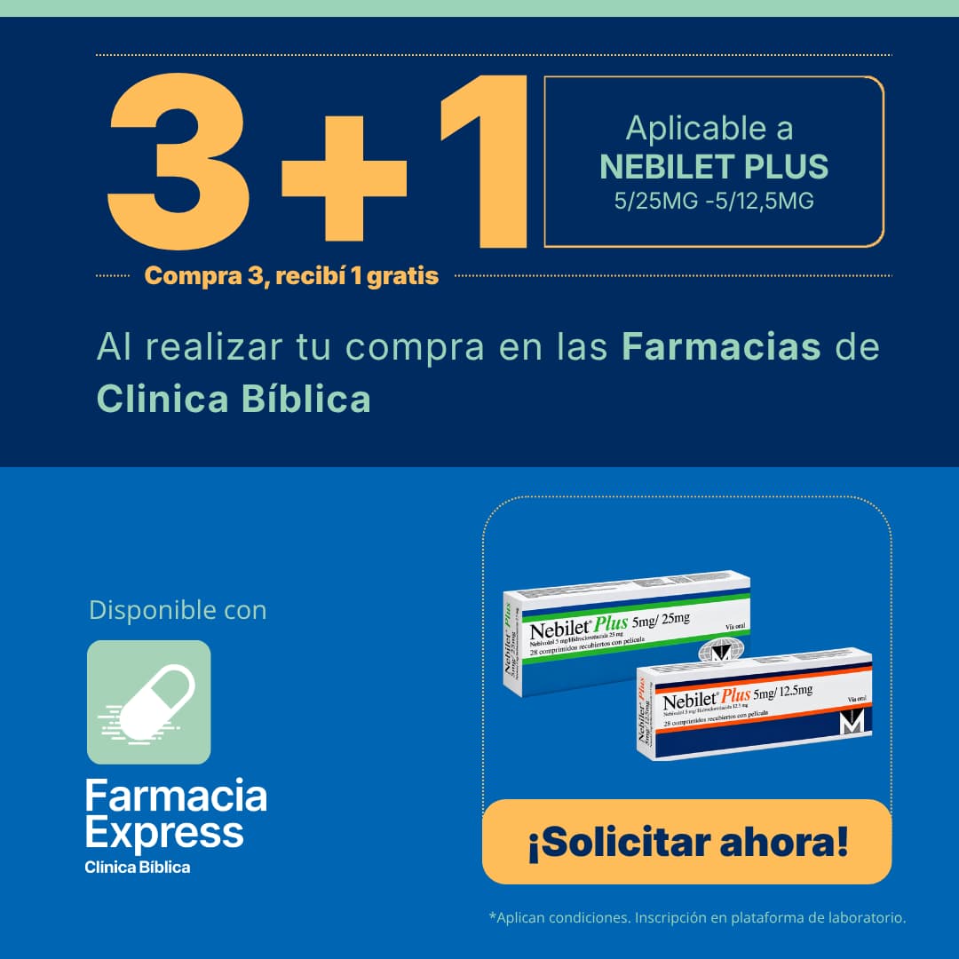 Imagen promocional con oferta 3+1 en Nebilet Plus de 5/25 mg y 5/12.5 mg (nebivolol e hidroclorotiazida) en Farmacias de Clínica Bíblica y Farmacia Express, mostrando las cajas de 28 comprimidos recubiertos del medicamento.