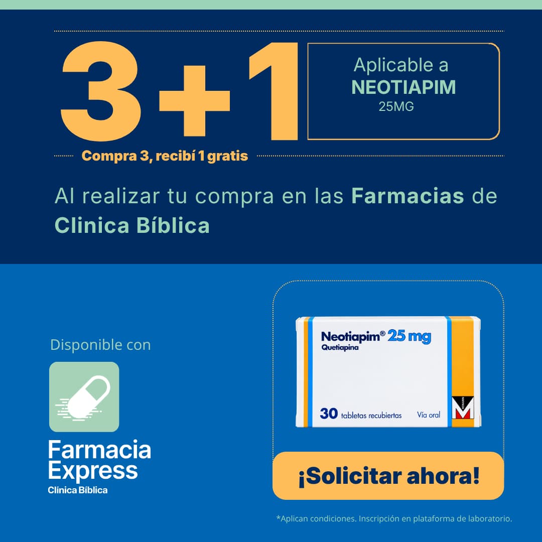 Imagen promocional con oferta 3+1 en Neotiapim de 25 mg (quetiapina) en Farmacias de Clínica Bíblica y Farmacia Express, mostrando la caja de 30 tabletas recubiertas del medicamento.