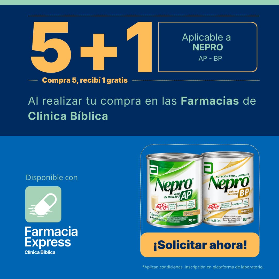 Promoción 5+1 en Nepro AP y BP de 237ml en Farmacias de Clínica Bíblica. Muestra las latas de nutrición renal completa sabor a vainilla y opción para solicitar en línea a través de Farmacia Express.