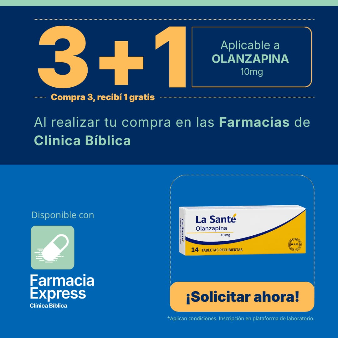 Imagen promocional con oferta 3+1 en Olanzapina de 10 mg en Farmacias de Clínica Bíblica y Farmacia Express, mostrando la caja de 14 tabletas recubiertas de laboratorio La Santé.