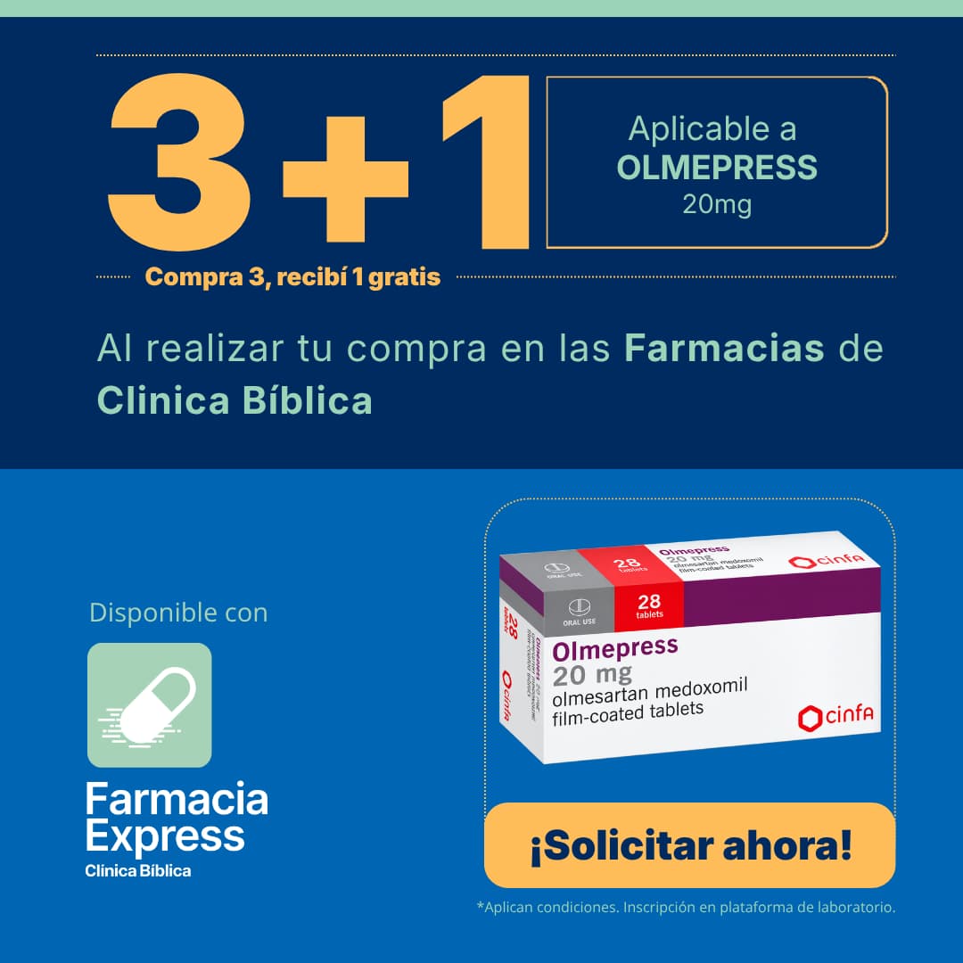 Banner promocional de Farmacias Clínica Bíblica con la oferta 3+1 en la compra de Olmepress 20mg (olmesartán medoxomil). Muestra la caja del producto de laboratorio Cinfa, disponibilidad en Farmacia Express y el botón ¡Solicitar ahora!.