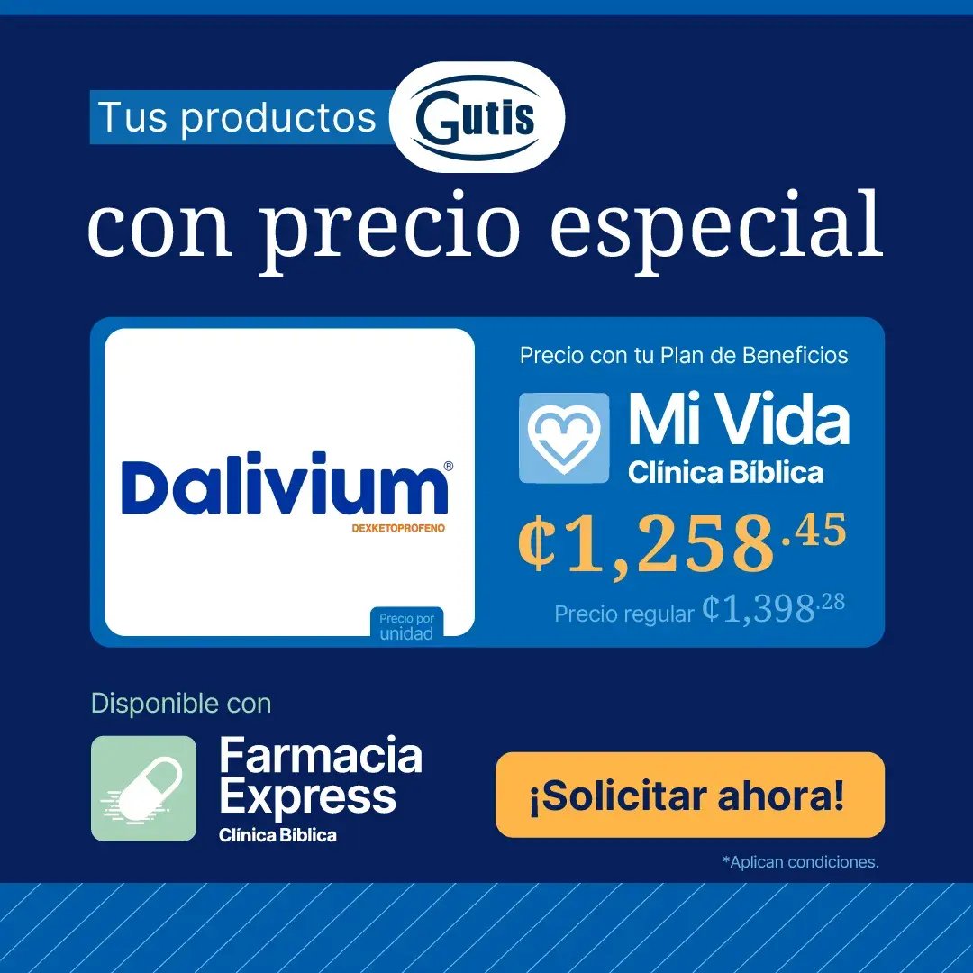 Anuncio promocional de productos Gutis mostrando el medicamento Dalivium. Destaca el precio especial con el Plan de Beneficios Mi Vida de Clínica Bíblica y opción de compra en Farmacia Express.