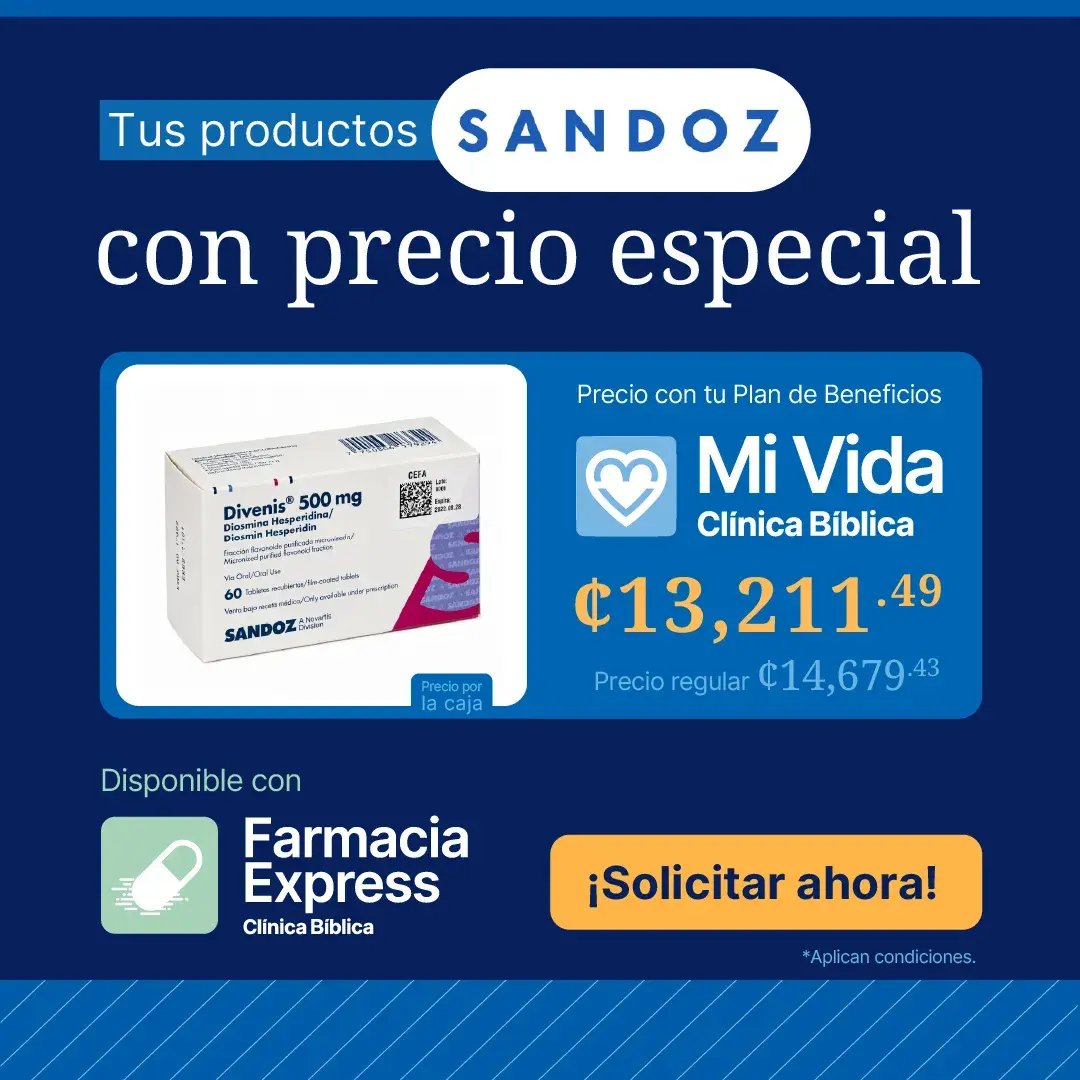 Anuncio promocional de productos Sandoz mostrando la caja de Divenis de 500 mg de 60 tabletas. Destaca el precio especial con el Plan de Beneficios Mi Vida de Clínica Bíblica y opción de compra en Farmacia Express.