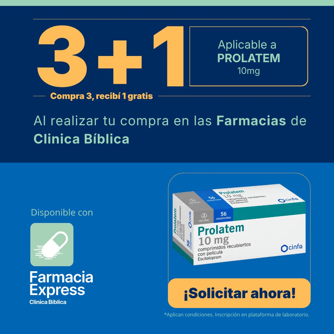 Anuncio promocional de Farmacia Express de Clínica Bíblica con oferta de 3+1 en medicamento Prolatem de 10mg, junto a la caja del producto y un botón de Solicitar ahora.