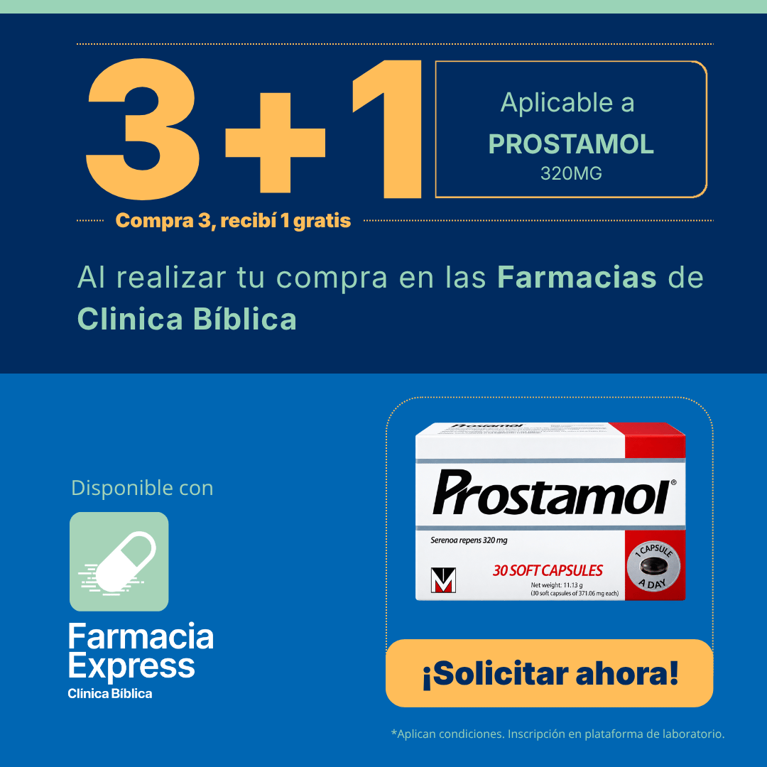 Imagen promocional con oferta 3+1 en Prostamol de 320 mg (Serenoa repens) en Farmacias de Clínica Bíblica y Farmacia Express, mostrando la caja de 30 cápsulas blandas del medicamento.