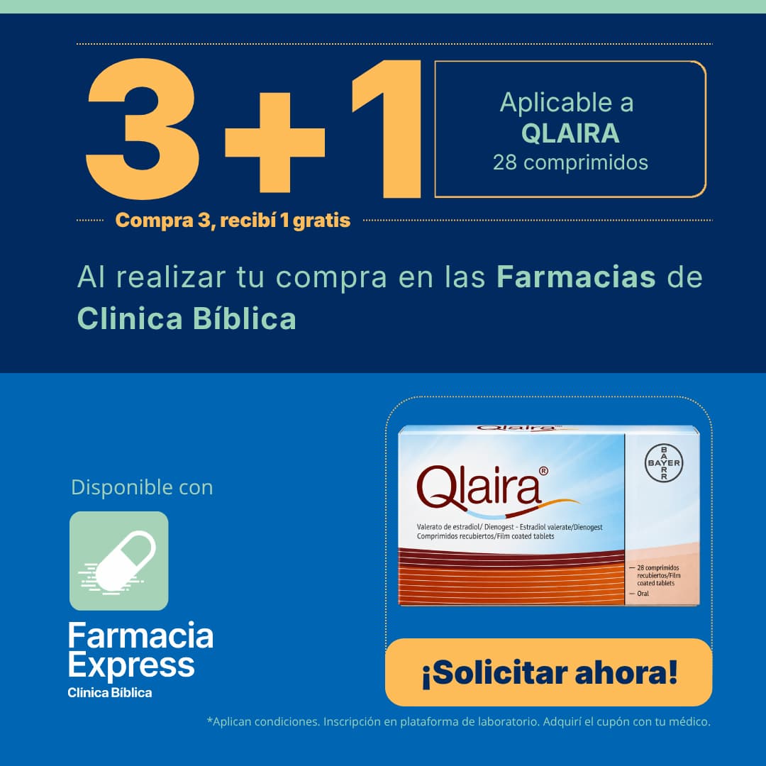Anuncio promocional de Farmacia Express de Clínica Bíblica con oferta de 3+1 en medicamento Qlaira de 28 comprimidos, junto a la caja del producto y un botón de Solicitar ahora.