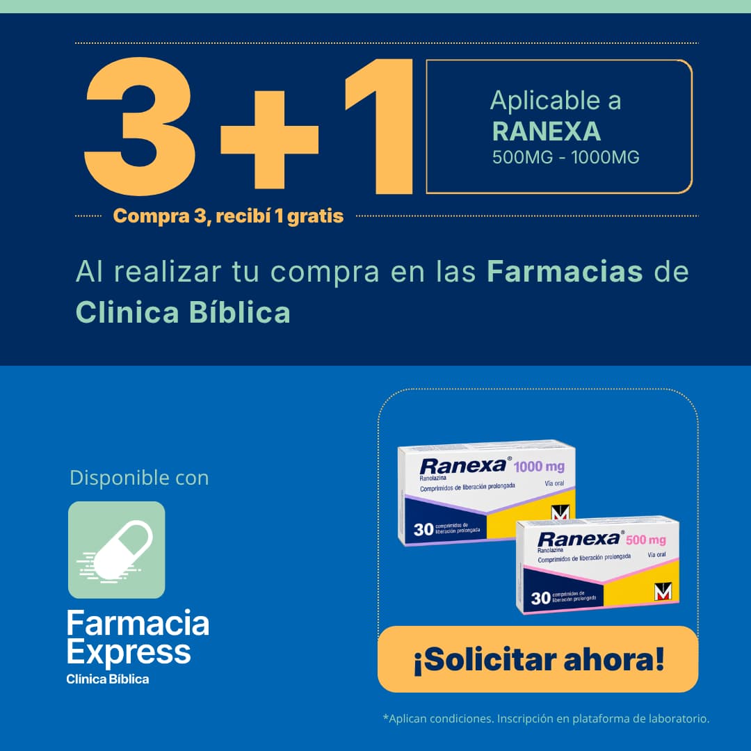 Imagen promocional con oferta 3+1 en Ranexa de 500 mg y 1000 mg (ranolazina) en Farmacias de Clínica Bíblica y Farmacia Express, mostrando las cajas de 30 comprimidos de liberación prolongada del medicamento.