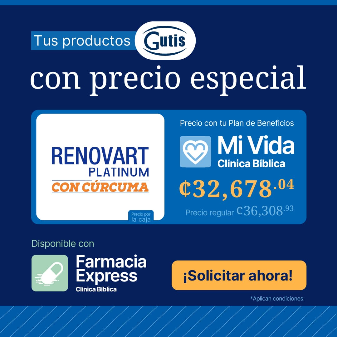 Anuncio de Gutis con precio especial para Renovart Platinum con Cúrcuma con el Plan de Beneficios Mi Vida de Clínica Bíblica. Muestra el precio rebajado por caja, indicando disponibilidad en Farmacia Express junto a un botón naranja que dice solicitar ahora.