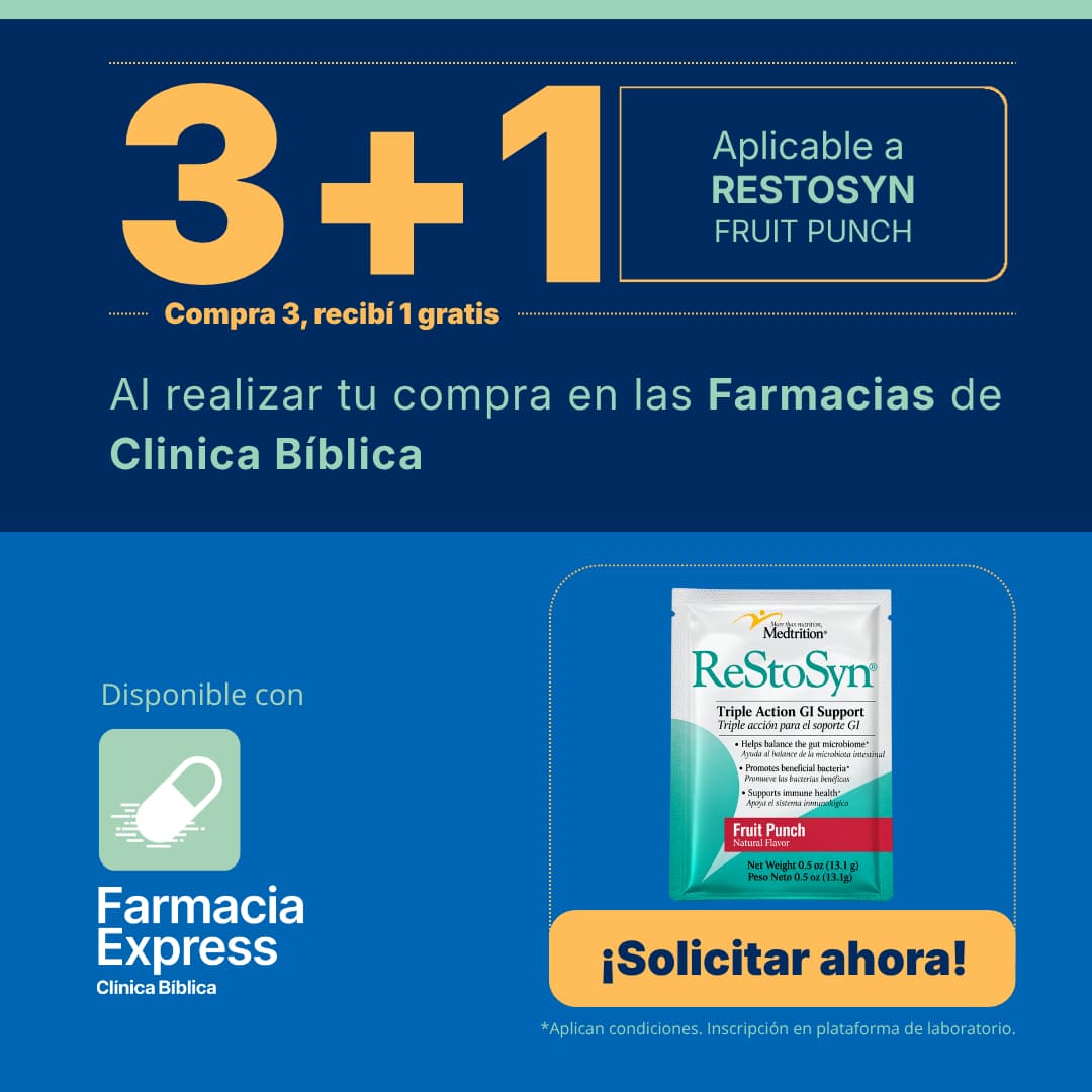 Imagen promocional con oferta 3+1 en ReStoSyn sabor Fruit Punch en Farmacias de Clínica Bíblica y Farmacia Express, mostrando el sobre de soporte gastrointestinal de 13.1 g.