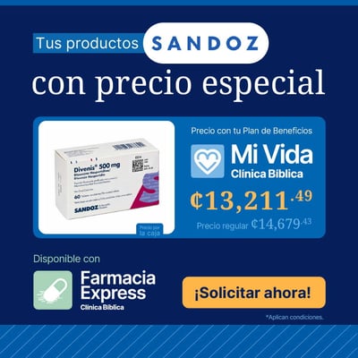Banner promocional de productos Sandoz con precio especial para Divenis 500 mg de 60 tabletas. Muestra el logotipo de Mi Vida Clínica Bíblica, precio de descuento, precio regular y un botón amarillo que dice Solicitar ahora, disponible en Farmacia Express.