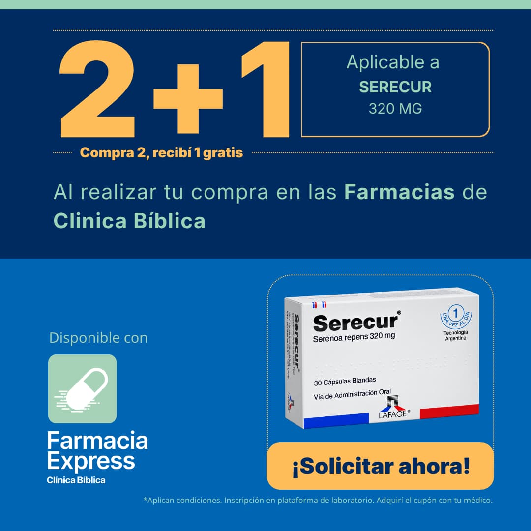 Imagen promocional con oferta 2+1 en Serecur de 320 mg (Serenoa repens) en Farmacias de Clínica Bíblica y Farmacia Express, mostrando la caja del medicamento de laboratorio Lafage.