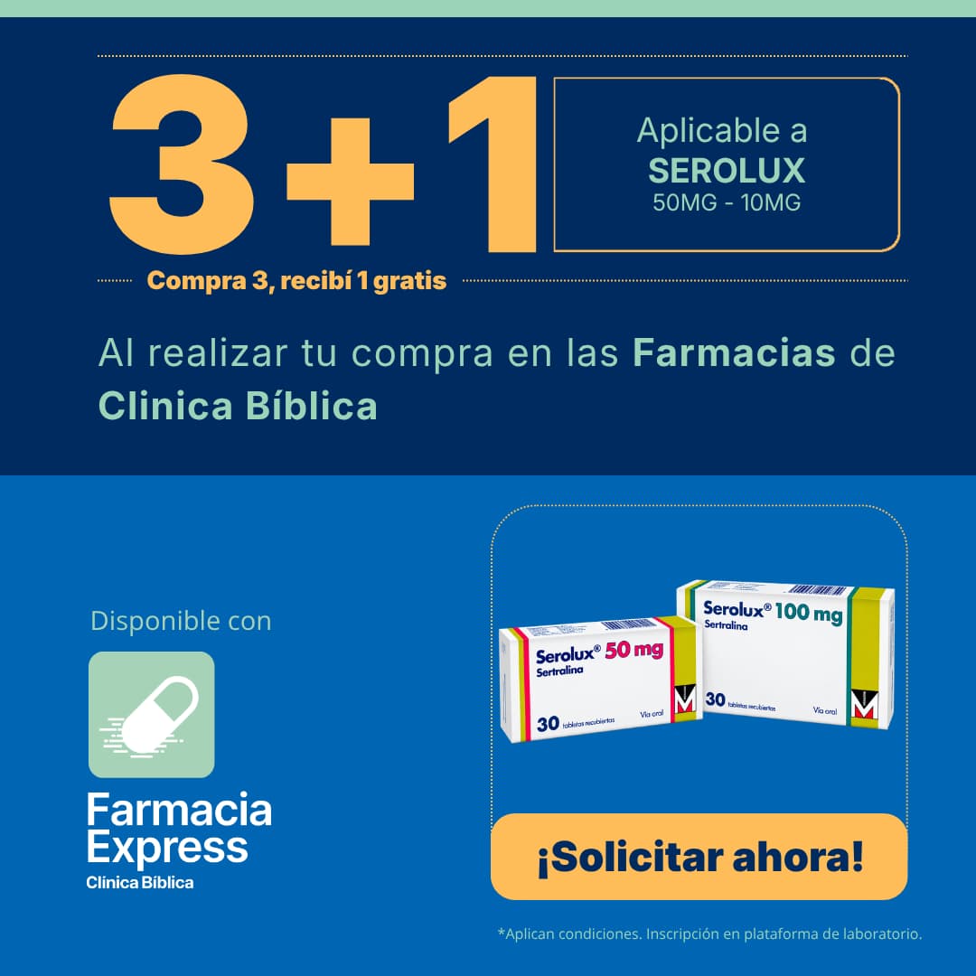 Imagen promocional con oferta 3+1 en Serolux de 50 mg y 100 mg (sertralina) en Farmacias de Clínica Bíblica y Farmacia Express, mostrando las cajas de 30 tabletas recubiertas del medicamento.