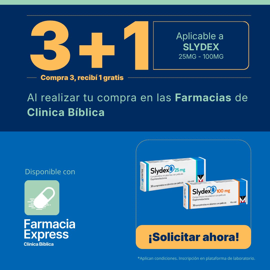 Imagen promocional con oferta 3+1 en Slydex de 25 mg y 100 mg (espironolactona) en Farmacias de Clínica Bíblica y Farmacia Express, mostrando las cajas de 30 comprimidos del medicamento.