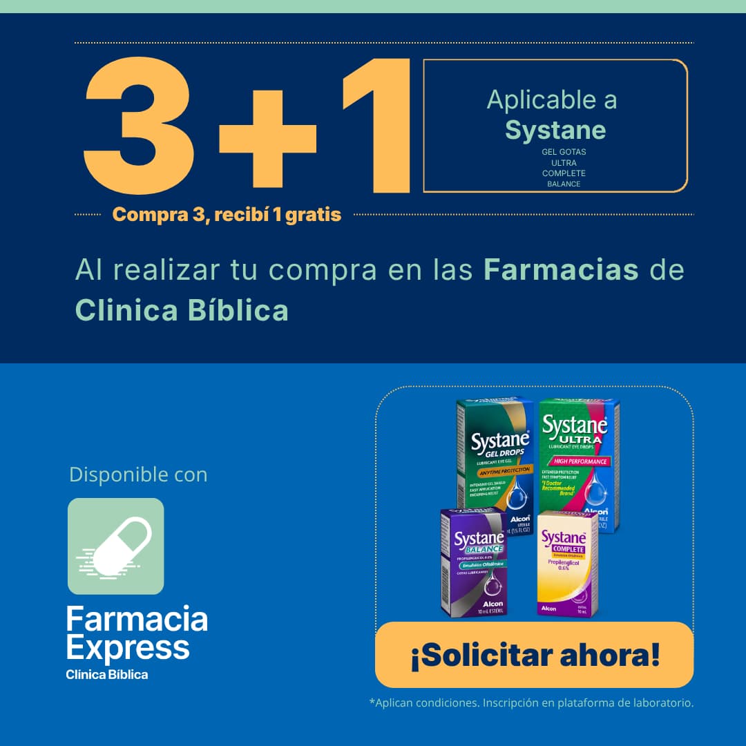 Banner promocional de Farmacias Clínica Bíblica con la oferta 3+1 en la compra de productos Systane (Gel Gotas, Ultra, Complete y Balance). Muestra las cajas de las gotas oftálmicas, opción de servicio Farmacia Express y el botón ¡Solicitar ahora!.