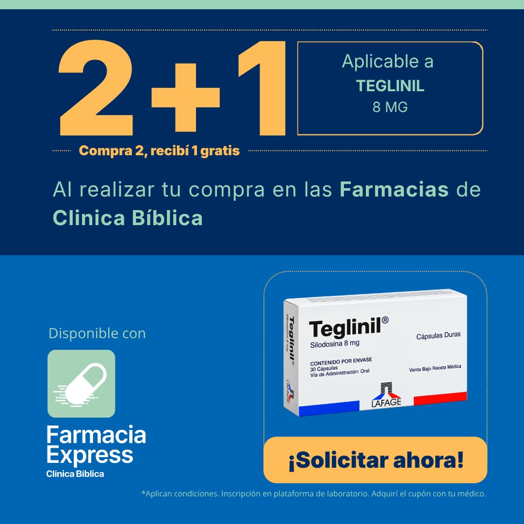 Imagen promocional con oferta 2+1 en Teglinil de 8 mg (silodosina) en Farmacias de Clínica Bíblica y Farmacia Express, mostrando la caja del medicamento de laboratorio Lafage.