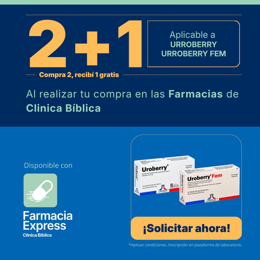 Imagen promocional con oferta 2+1 en Uroberry y Uroberry Fem en Farmacias de Clínica Bíblica y Farmacia Express, mostrando las cajas del suplemento de laboratorio Lafage.
