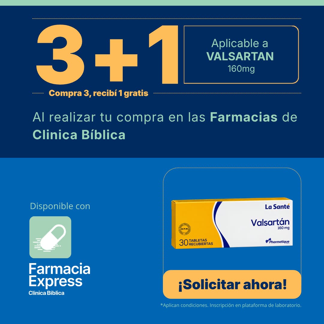 Imagen promocional con oferta 3+1 en Valsartán de 160 mg en Farmacias de Clínica Bíblica y Farmacia Express, mostrando la caja de 30 tabletas recubiertas de laboratorio La Santé.[cite: 21]
