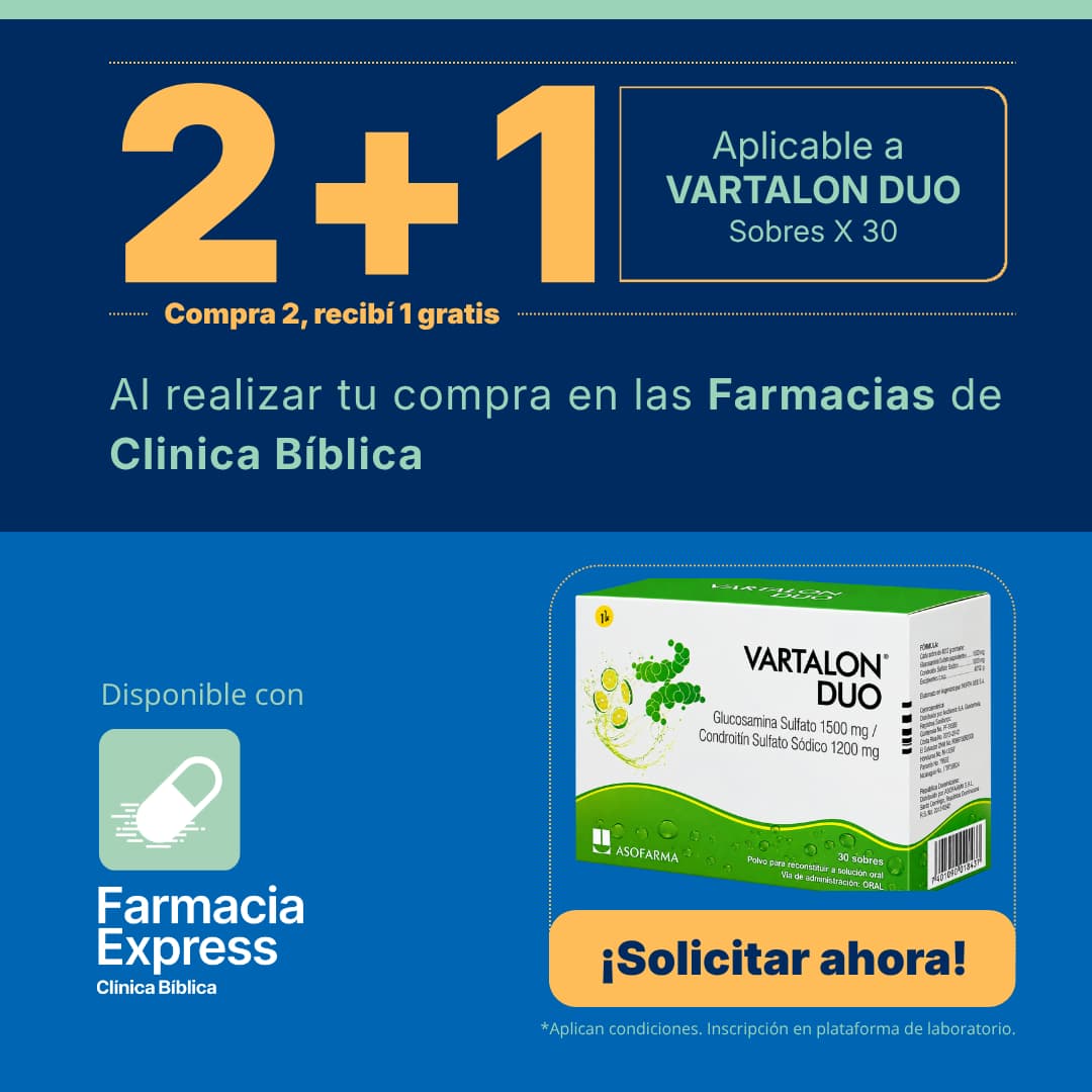 Imagen promocional con oferta 2+1 en Vartalon Duo 30 sobres (glucosamina sulfato y condroitín sulfato) en Farmacias de Clínica Bíblica y Farmacia Express, mostrando la caja del medicamento de laboratorio Asofarma.