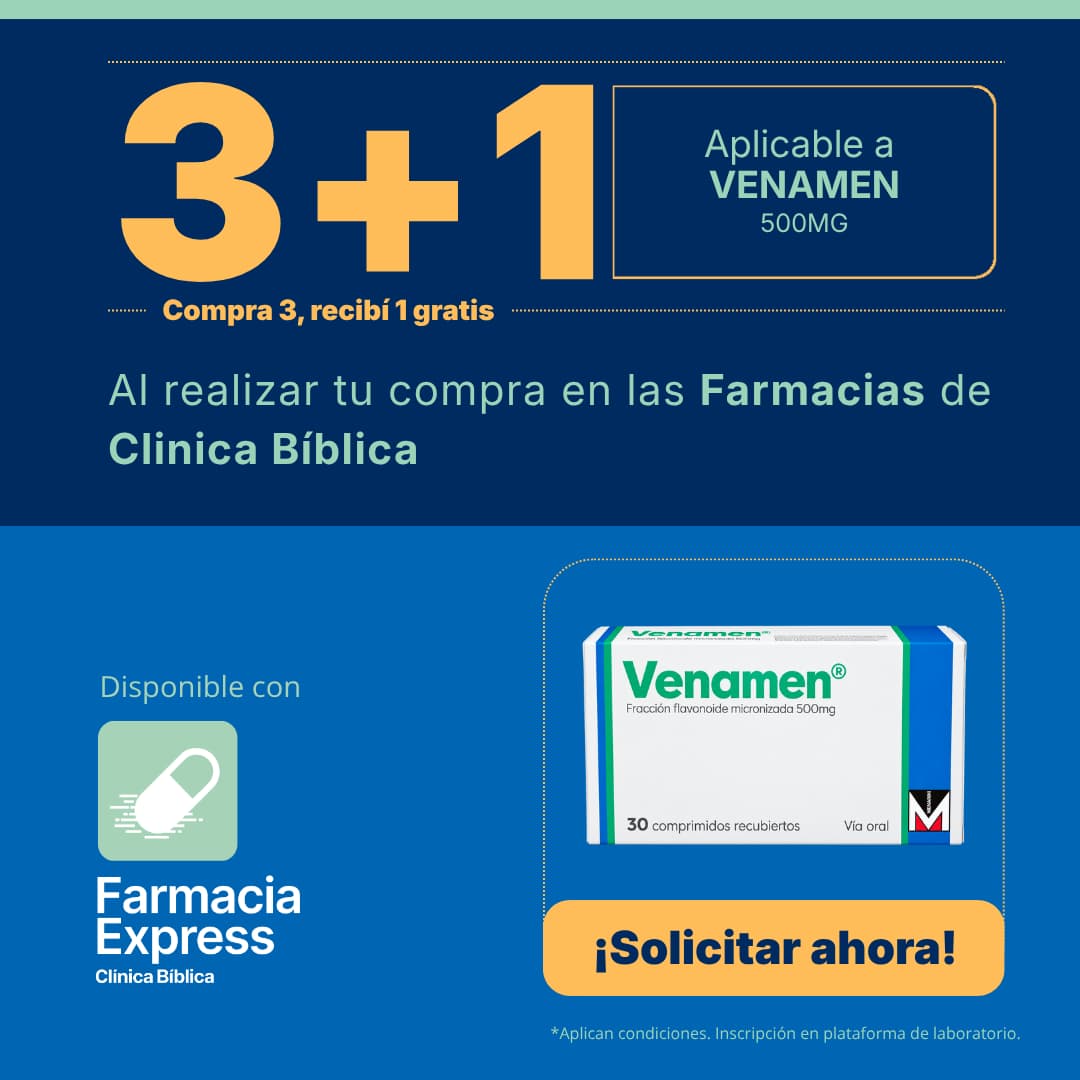 Imagen promocional con oferta 3+1 en Venamen de 500 mg (fracción flavonoide micronizada) en Farmacias de Clínica Bíblica y Farmacia Express, mostrando la caja de 30 comprimidos recubiertos del medicamento.