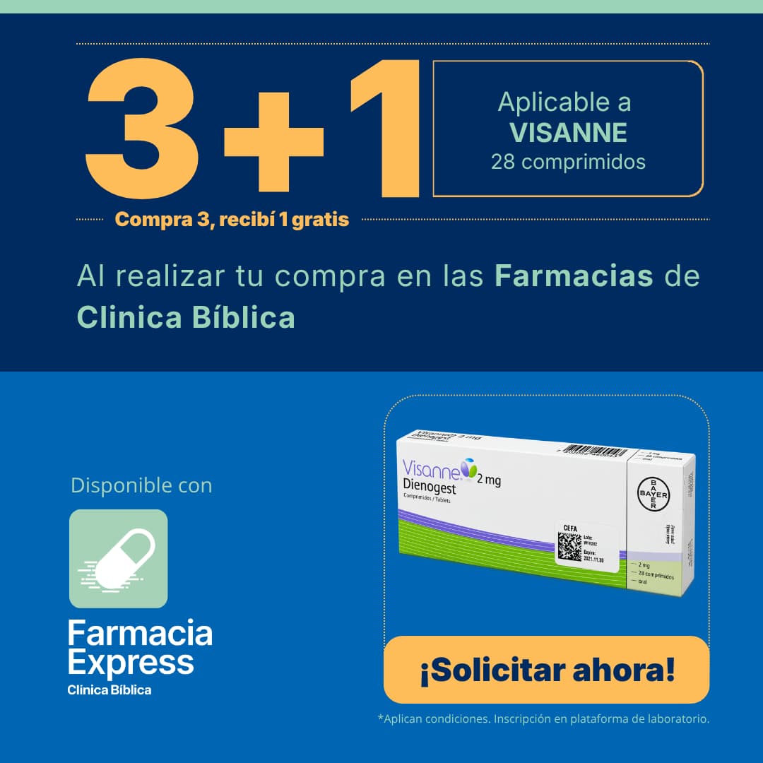 Imagen promocional con oferta 3+1 en Visanne 2 mg de 28 comprimidos (dienogest) en Farmacias de Clínica Bíblica y Farmacia Express, mostrando la caja del medicamento de laboratorio Bayer.