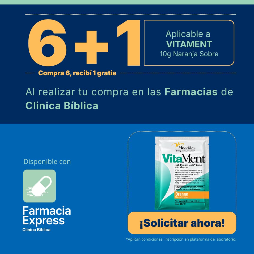 Imagen promocional con oferta 6+1 en VitaMent de 10 g sabor naranja sobre (multivitamínico con minerales) en Farmacias de Clínica Bíblica y Farmacia Express, mostrando el sobre del producto.