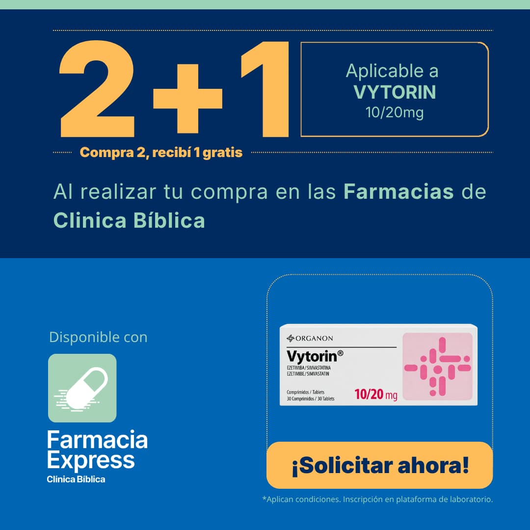 Imagen promocional con oferta 2+1 en Vytorin de 10/20 mg (ezetimiba/simvastatina) en Farmacias de Clínica Bíblica y Farmacia Express, mostrando la caja de 30 comprimidos del medicamento.