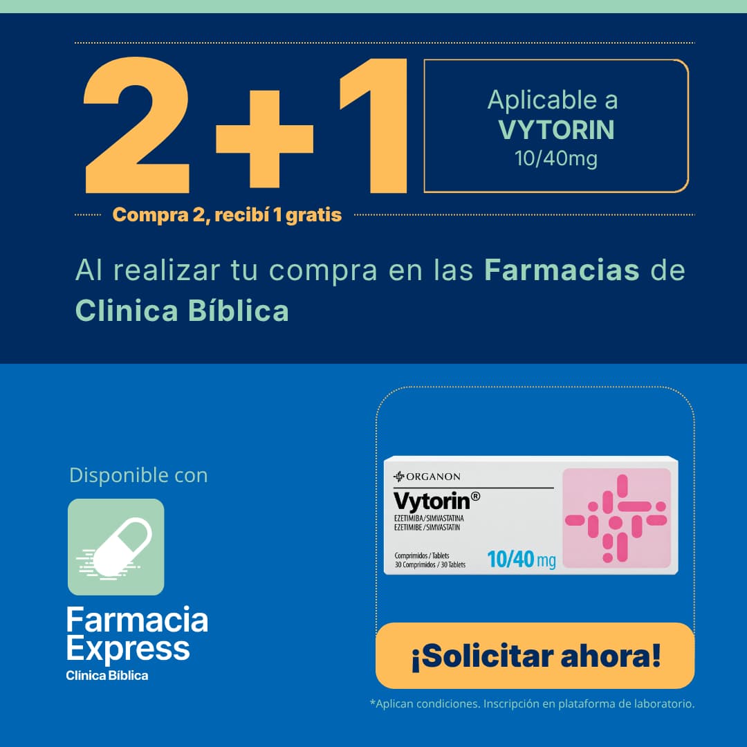 Imagen promocional con oferta 2+1 en Vytorin de 10/40 mg (ezetimiba/simvastatina) en Farmacias de Clínica Bíblica y Farmacia Express, mostrando la caja de 30 comprimidos del medicamento.