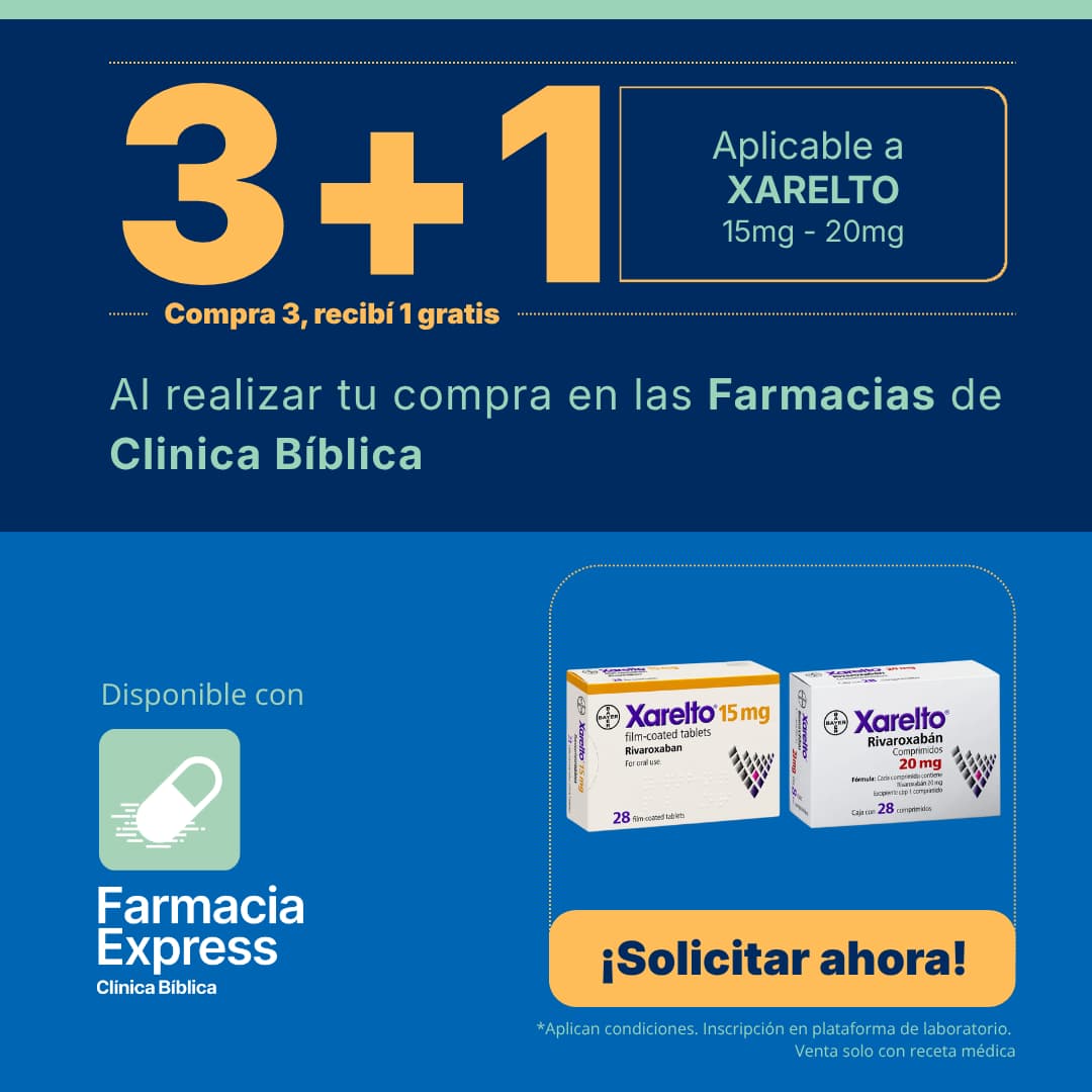 Imagen promocional con oferta 3+1 en Xarelto de 15 mg y 20 mg (rivaroxabán) en Farmacias de Clínica Bíblica y Farmacia Express, mostrando las cajas del medicamento de laboratorio Bayer.