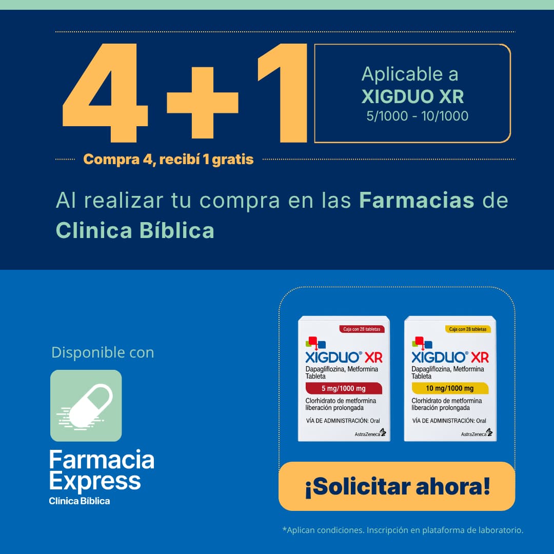 Imagen promocional con oferta 4+1 en Xigduo XR de 5/1000 mg y 10/1000 mg en Farmacias de Clínica Bíblica y Farmacia Express, mostrando las cajas del medicamento de laboratorio AstraZeneca.