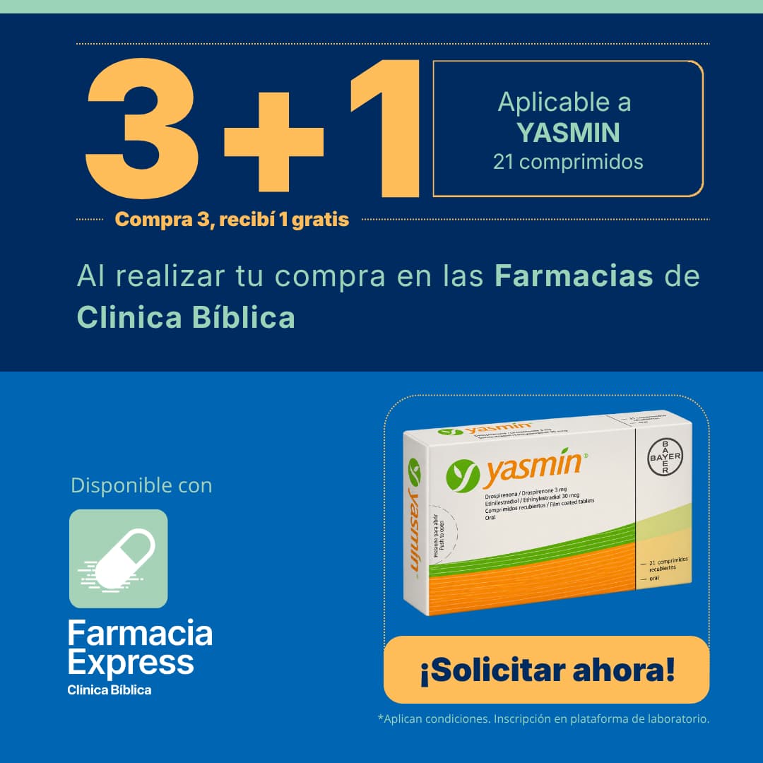 Imagen promocional con oferta 3+1 en Yasmin de 21 comprimidos en Farmacias de Clínica Bíblica y Farmacia Express, mostrando la caja del anticonceptivo de laboratorio Bayer.