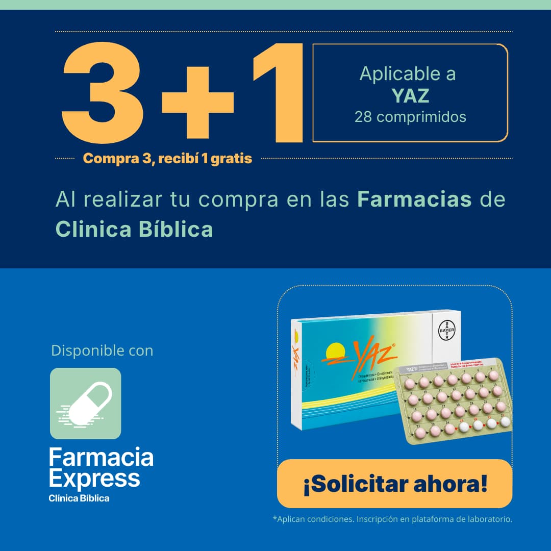 Imagen promocional con oferta 3+1 en Yaz de 28 comprimidos en Farmacias de Clínica Bíblica y Farmacia Express, mostrando la caja y el blíster del anticonceptivo de laboratorio Bayer.