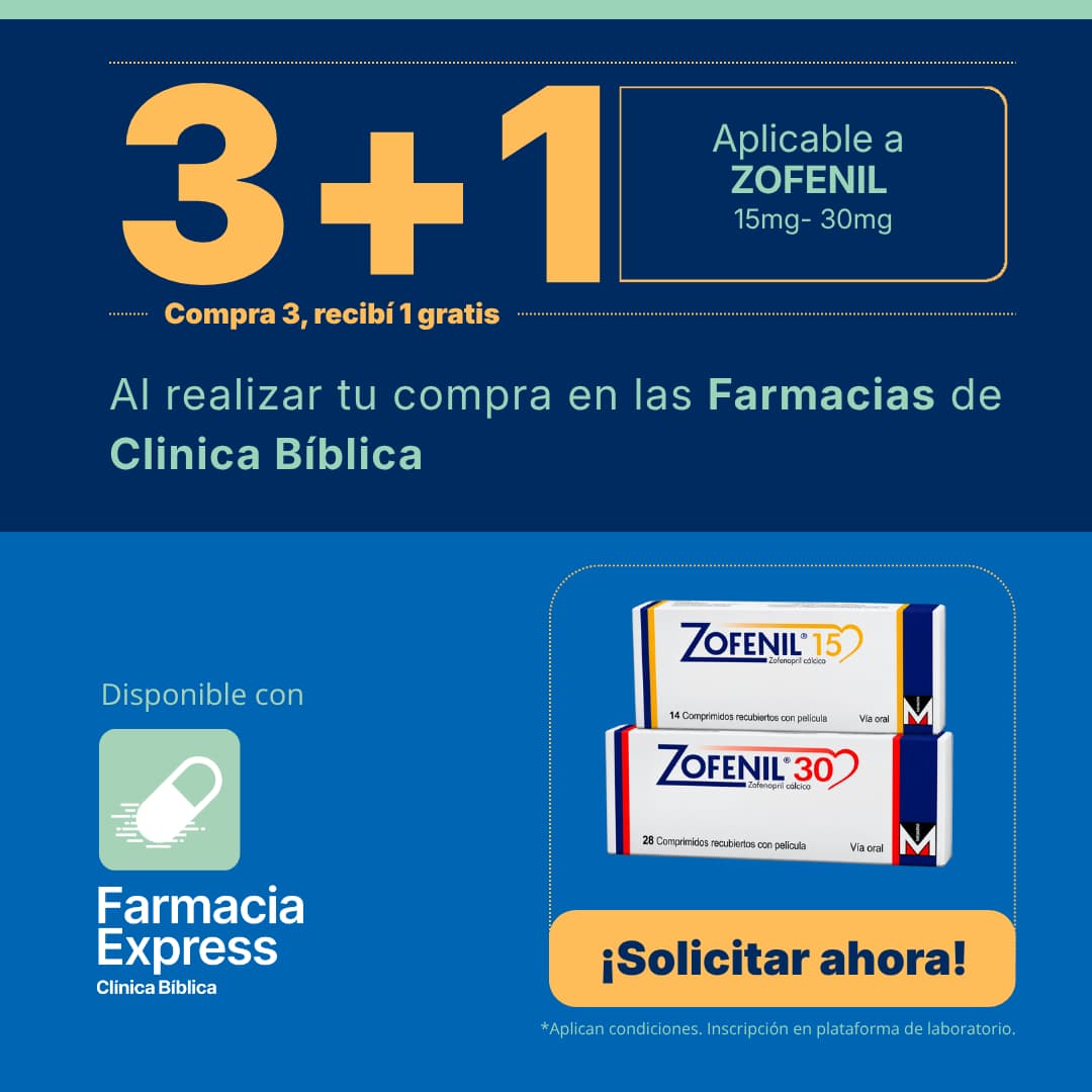 Imagen promocional con oferta 3+1 en Zofenil de 15 mg y 30 mg (zofenopril cálcico) en Farmacias de Clínica Bíblica y Farmacia Express, mostrando las cajas de comprimidos recubiertos del medicamento.