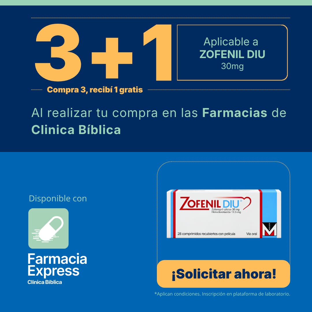Imagen promocional con oferta 3+1 en Zofenil DIU de 30 mg (zofenopril cálcico e hidroclorotiazida) en Farmacias de Clínica Bíblica y Farmacia Express, mostrando la caja de 28 comprimidos recubiertos del medicamento.