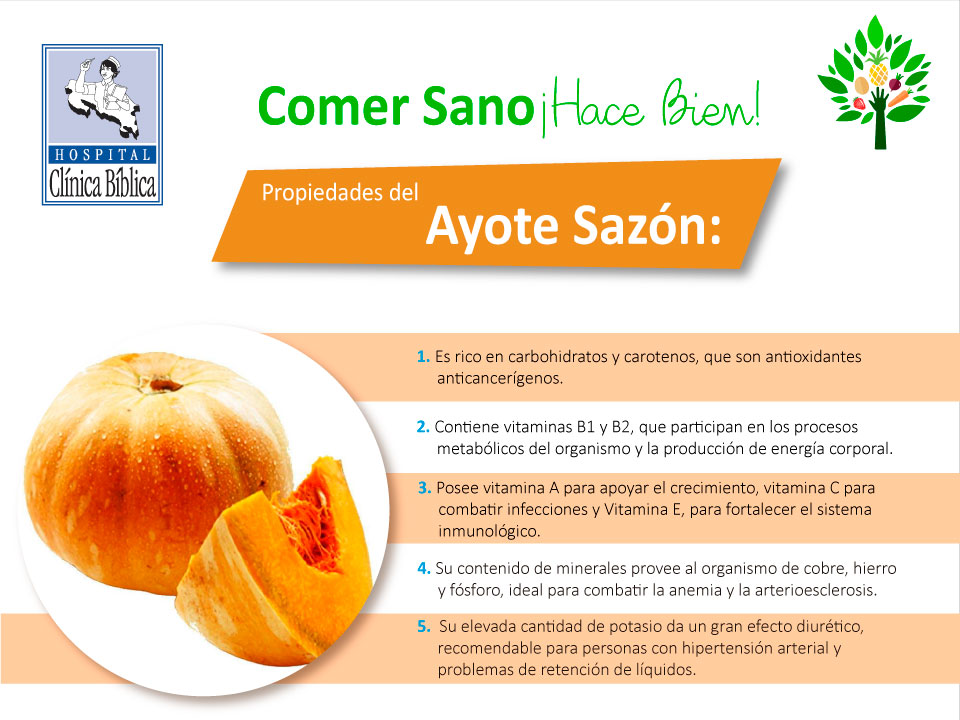 Infografía con ayote sazón y texto sobre sus propiedades nutricionales y beneficios para la salud.