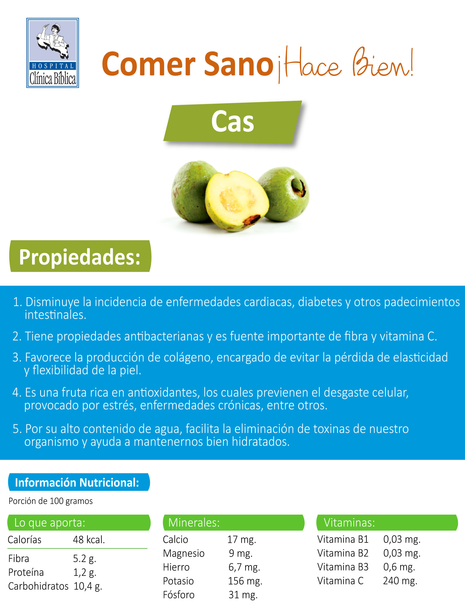 Infografía sobre las propiedades nutricionales del cas con información de vitaminas, minerales y beneficios para la salud