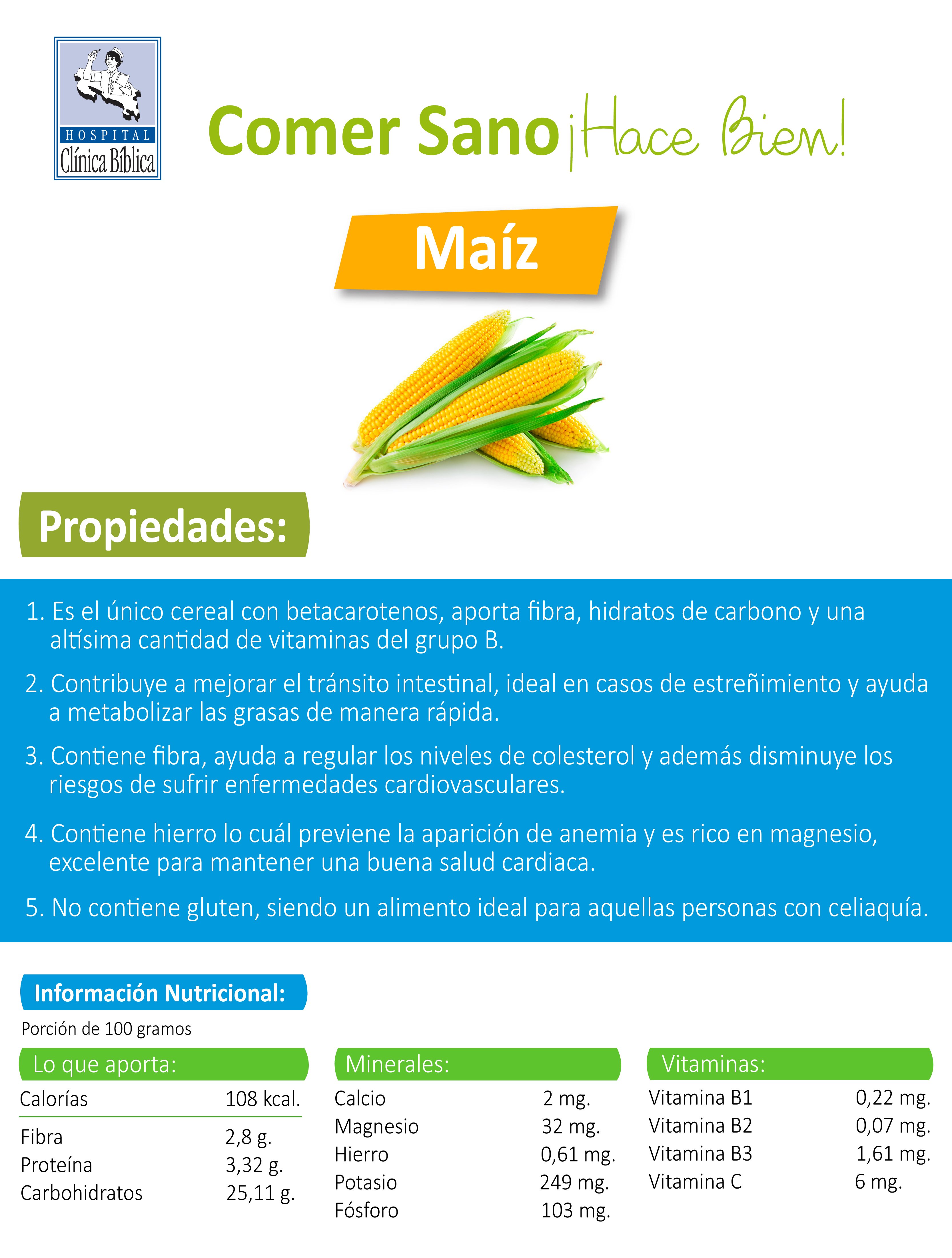 Granos de maíz amarillo con hojas verdes acompañados de información nutricional y propiedades del maíz.