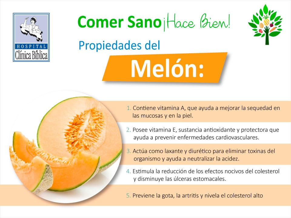Infografía sobre las propiedades del melón con imagen de la fruta partida y beneficios para la salud.
