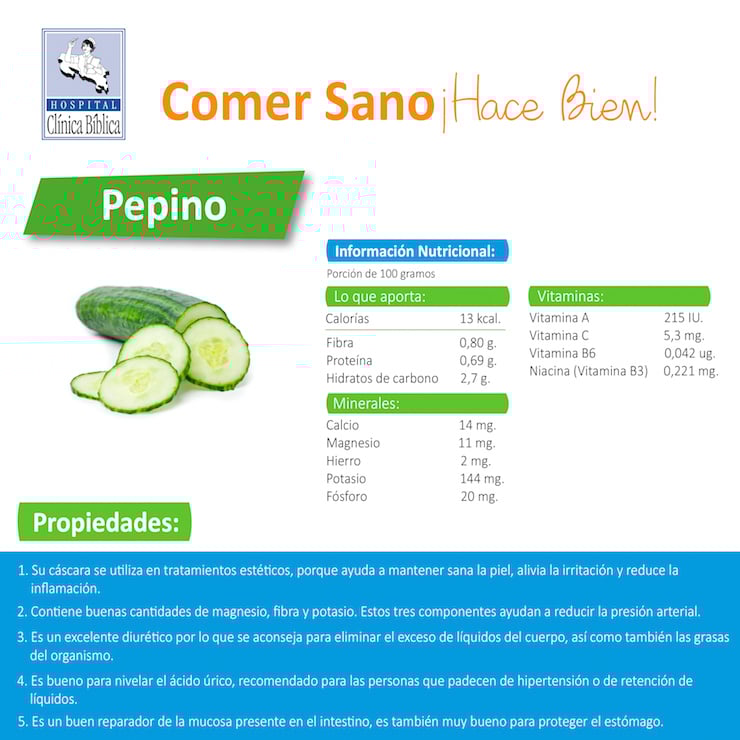 Infografía del pepino con información nutricional, vitaminas, minerales y propiedades para la salud.