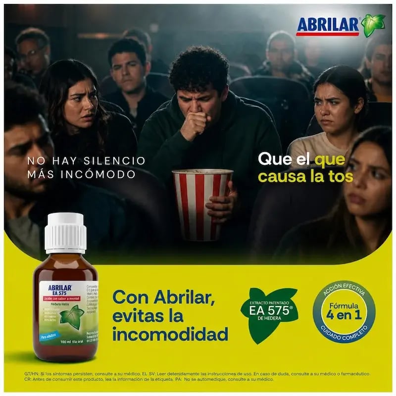 Publicidad de jarabe Abrilar EA 575. En la parte superior, un hombre tose en una sala de cine rodeado de personas con expresión de incomodidad. En la parte inferior destaca el frasco del producto sobre fondo amarillo con leyendas informativas sobre el alivio de la tos.