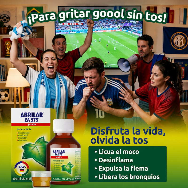 Anuncio publicitario del jarabe para la tos Abrilar EA 575. En la imagen, un grupo de amigos celebra un partido de fútbol frente al televisor, mientras un hombre en el centro con la camiseta de Argentina sufre de un ataque de tos.