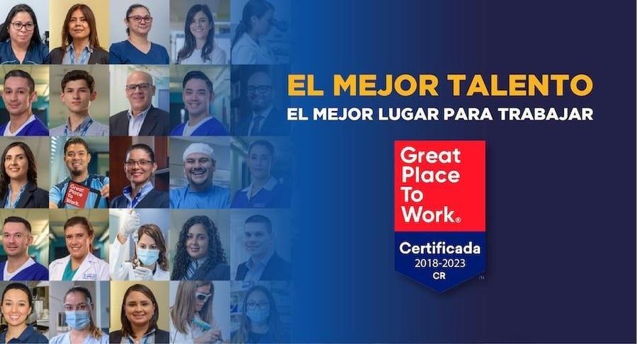 Collage de colaboradores del Hospital Clínica Bíblica junto al reconocimiento Great Place to Work 2018-2023.