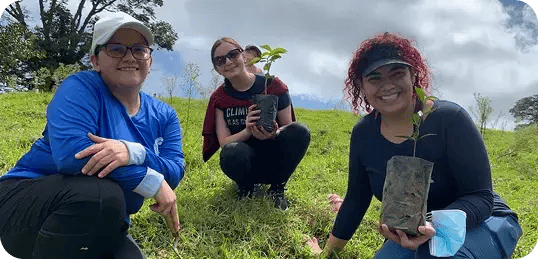 Tres personas sosteniendo árboles pequeños para reforestación.