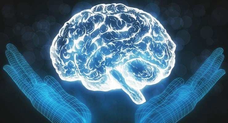 Ilustración de un cerebro luminoso sostenido por manos digitales sobre fondo oscuro