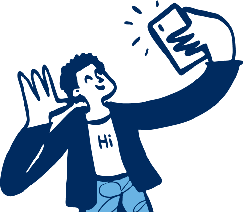 Blue illustration of a person waving and taking a selfie with a phone