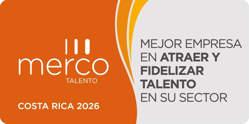 Sello de reconocimiento Merco Talento Costa Rica 2026 como mejor empresa en atraer y fidelizar talento en su sector, sobre un fondo naranja y blanco.