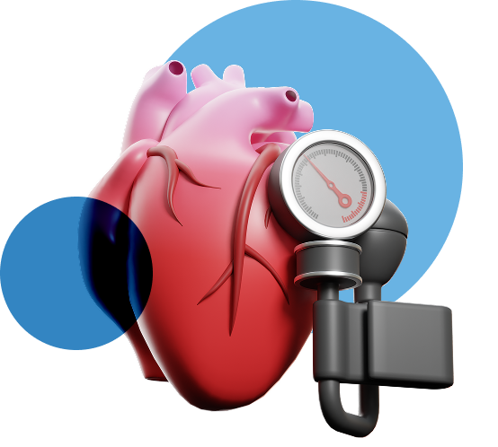 Ilustración de corazón humano con esfigmomanómetro para control de presión arterial en Clínica Bíblica.